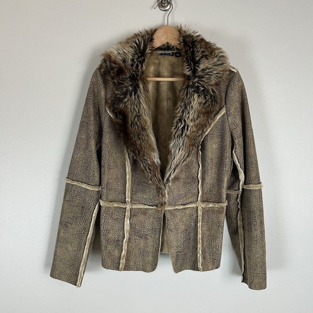 Vintage L Schwartz Faux Leather Fur Collar Coat Brown Y2K Penny Lane Animal Jack